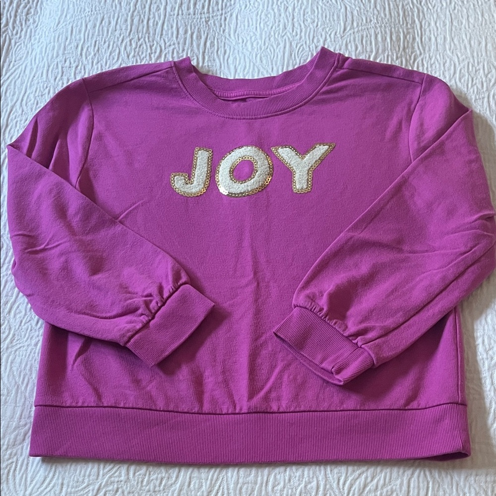 Cat & Jack pink sweatshirt with gold sequin JOY appliqué, size Large (10/12)